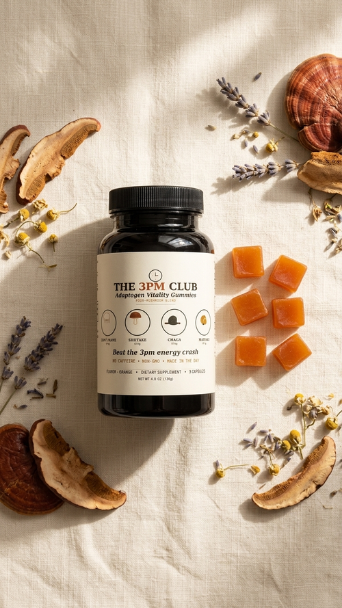 The 3PM Club bottle styled with lion's mane, chaga, shiitake and maitake mushrooms